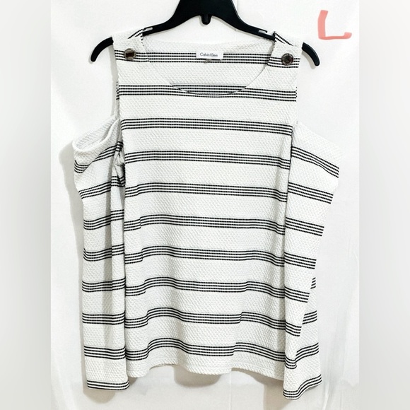 Calvin Klein Tops - LADIES BLACK & WHITE STRIPED TOP WITH OFF SHOULDER SLEEVES